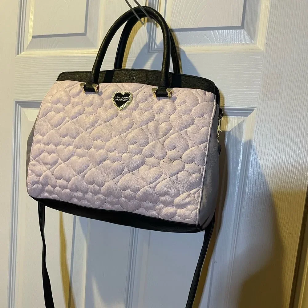 Betsey Johnson Heart Quilted Pink , Black & gray strims & strap Satchel